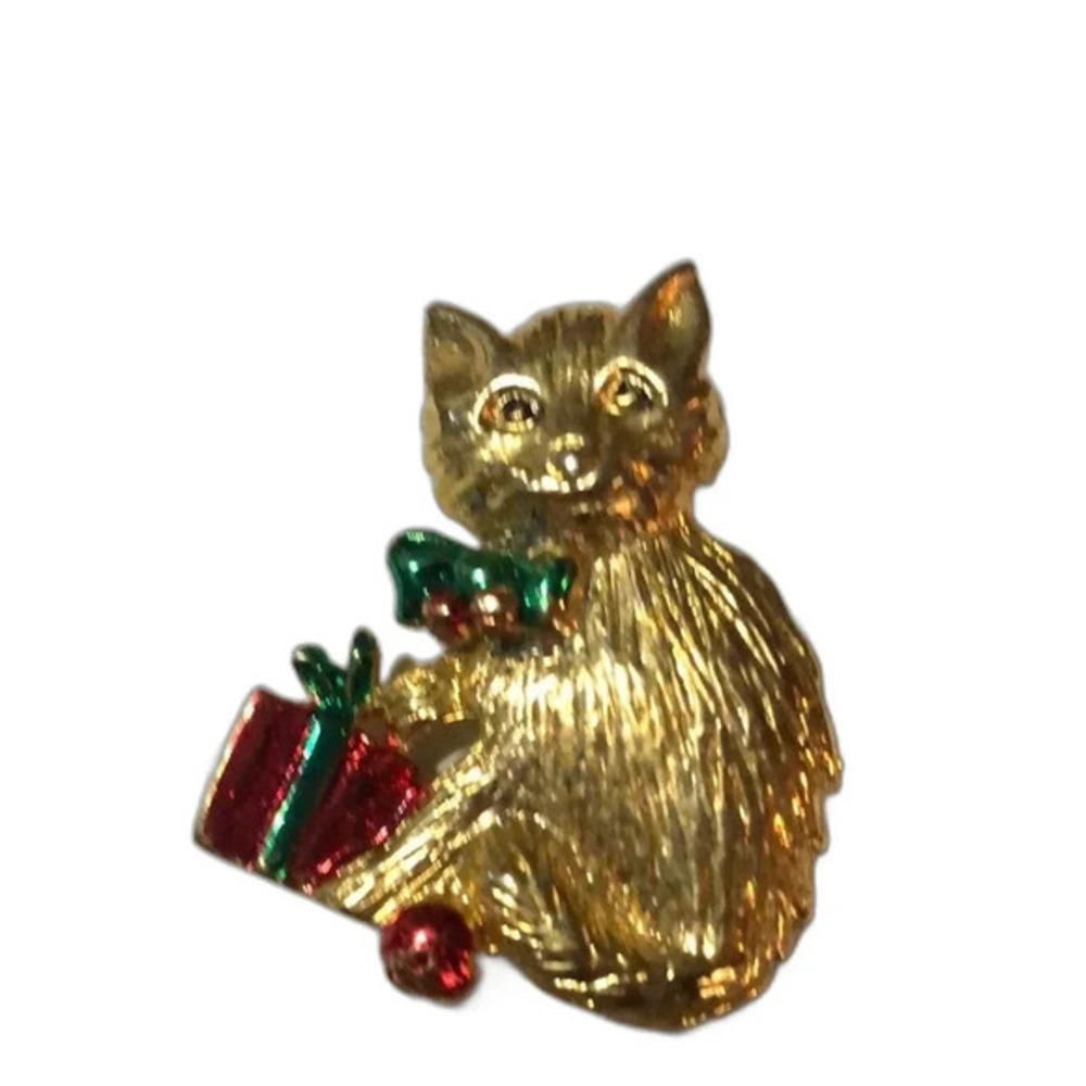 Vintage Gold Tone Cat Kitten Christmas Pin Brooch‎ Gift Present Holiday